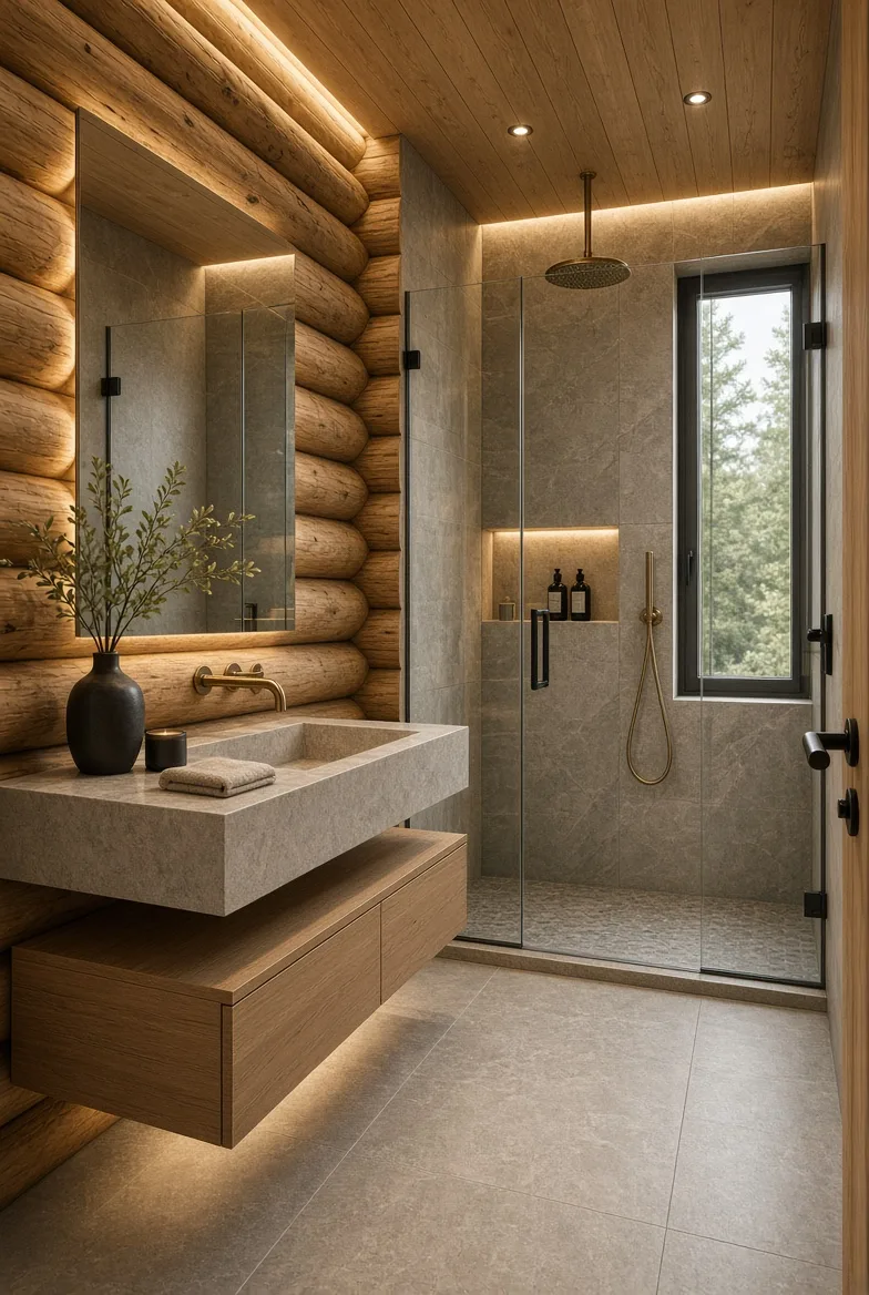 PM70 bathroom with stone vanity and glass shower